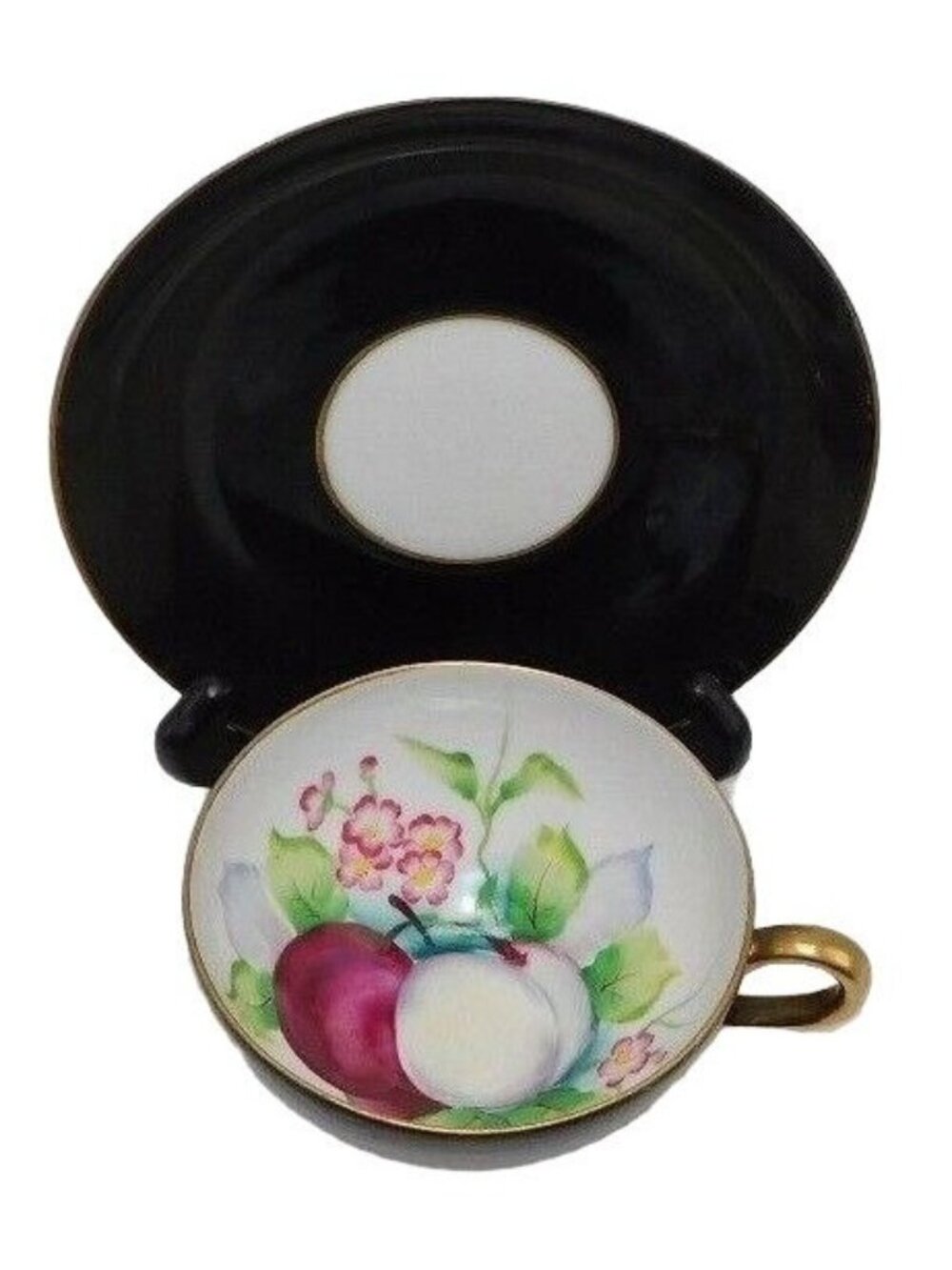 Ucagco China Handpainted Black & Gold Fruit Design Tea Cup And Saucer Japan